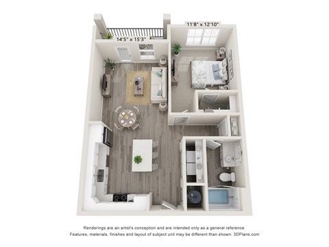 Floor plan for 1 bed, 1 bath, 735 sqft